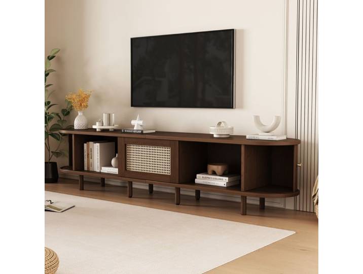 Meuble TV Ovale à effet rotin - ELVMI - pieds réglables en MDF - marron - 180 cm
