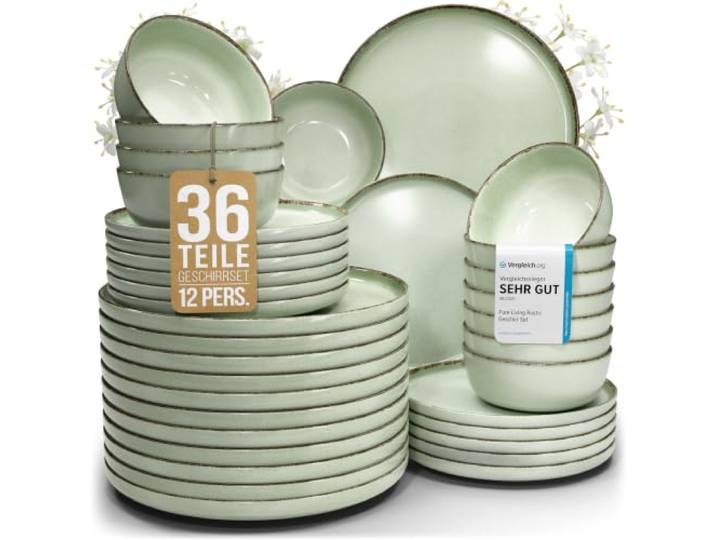 Steingut Geschirrset 12 Personen Rustic 36 tlg. TESTSIEGER, Hochwertiges Landhaussttil Steingut Geschirr Set, Schüssel- und Teller Set, Tafelservice 12 Personen, Geschirrsets Pure Living in Mintgrün