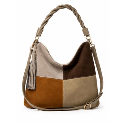 Schultertasche "Patchwork", Damen, Gr. B/H/T: 33cm x 33cm x 11cm onesize, braun (taupe), Polyurethan (PU), COLLEZIONE ALESSANDRO, Taschen Schultertasche, Patchwork-Optik aus softem Velourimitat