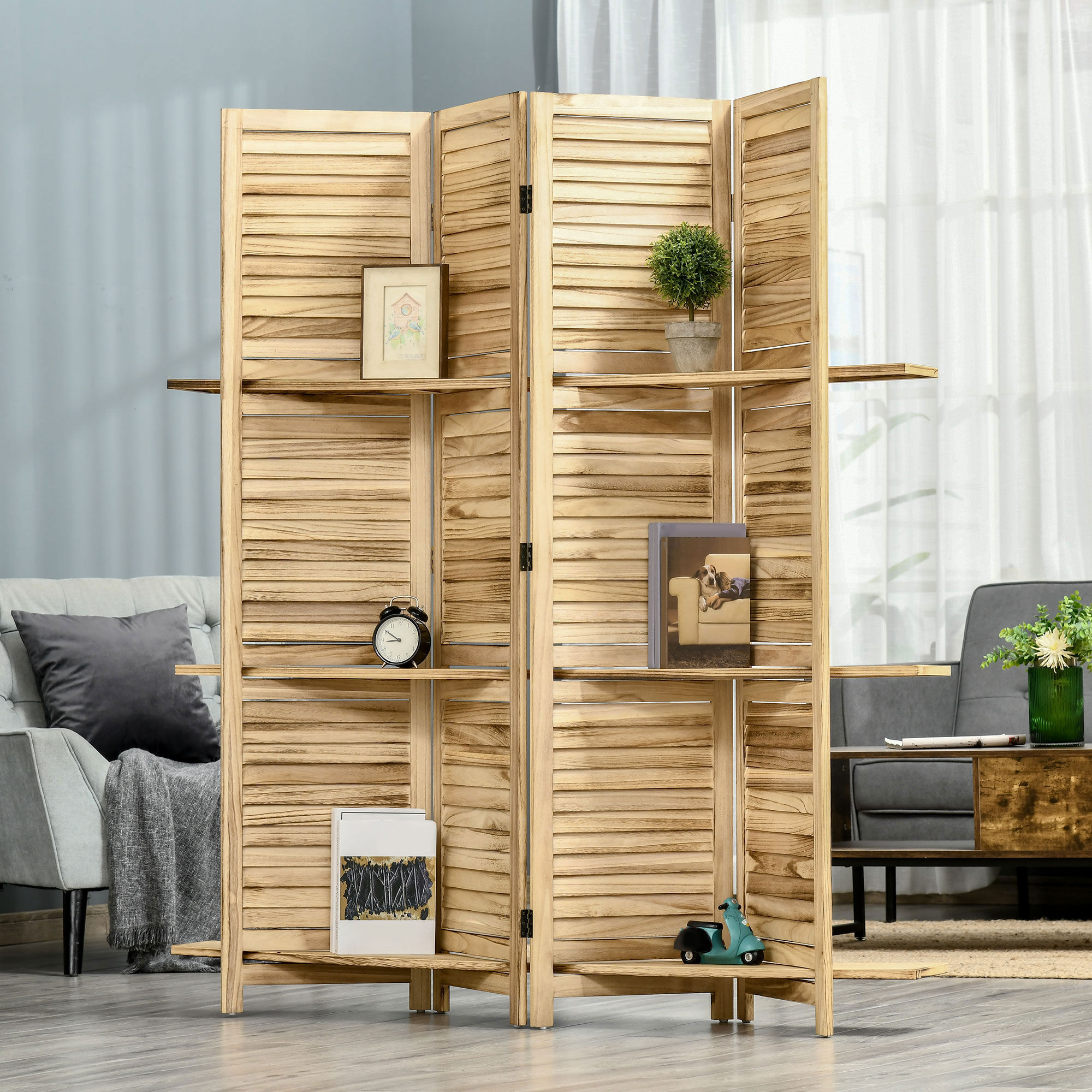 Altro Paravento Divisorio Per Interni Pieghevole A 4 Ante Con Ripiani In Legno Di Paulonia, 162x170 Cm, Legno