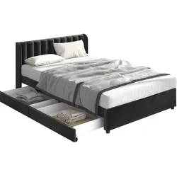 Polsterbett 180x200 mit Schubladen, Samtbezug, hohes Kopfteil, Stoffbett, Massivholz Lattenrost, Bett mit Stauraum für Schlafzimmer Schwarz