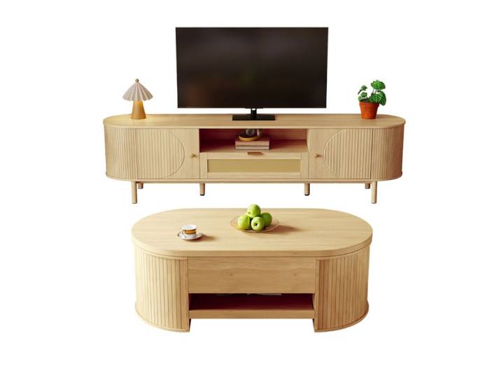 WUVRIE Ensemble de salon avec table basse relevable et meuble TV 175 cm MDF aspect bois naturel