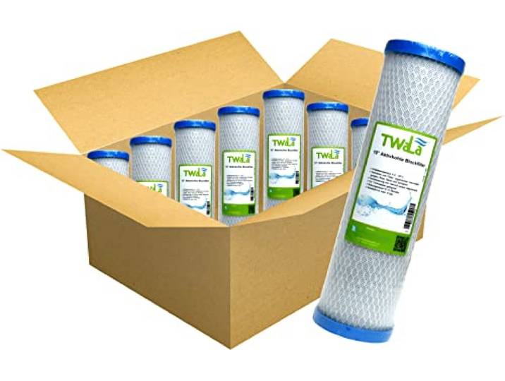 50x TWaLa Aktivkohleblockfilter 10 Zoll Wasserfilter 10 µm für Umkehrosmose, Hauswasseranlagen, Brunnenwasser zur Geschmacksneutralisierung und Geruchsneutralisierung Kokussnussschalen
