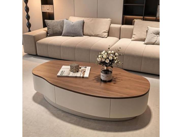 Mango Couchtisch mit Sintersteinplatte, Moderner Minimalistischer Stil Sintersteinplatte, Mango-Form-Design, moderner minimalistischer Stil, Creme-Optik, Couchtisch für kleine Räume, Wohnzimmer