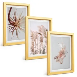 BILDER SET 3er Set - 20x30 cm Goldrahmen - Set aus Gras, Blumen und hellem Hintergrund
