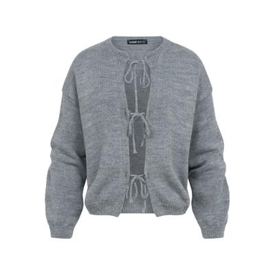 Cardigan CLOUD 5IVE "CLOUD 5IVE Bow Cardigan", Damen, Gr. XS, grau, 100% Polyacryl, mehrfarbig, normal, U-Boot-Ausschnitt, Strickjacken