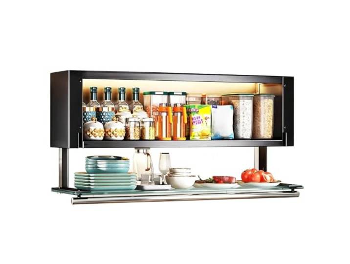 Küchenhängeschränke, Nach Unten Öffnende Glastür, Hängeschrank Küche Wandschrank Küche, Verzinktes Stahlblech, 2 Ebenen, mit Edelstahlgriff, Ambiente-Beleuchtung(Gray,80cm/31in)