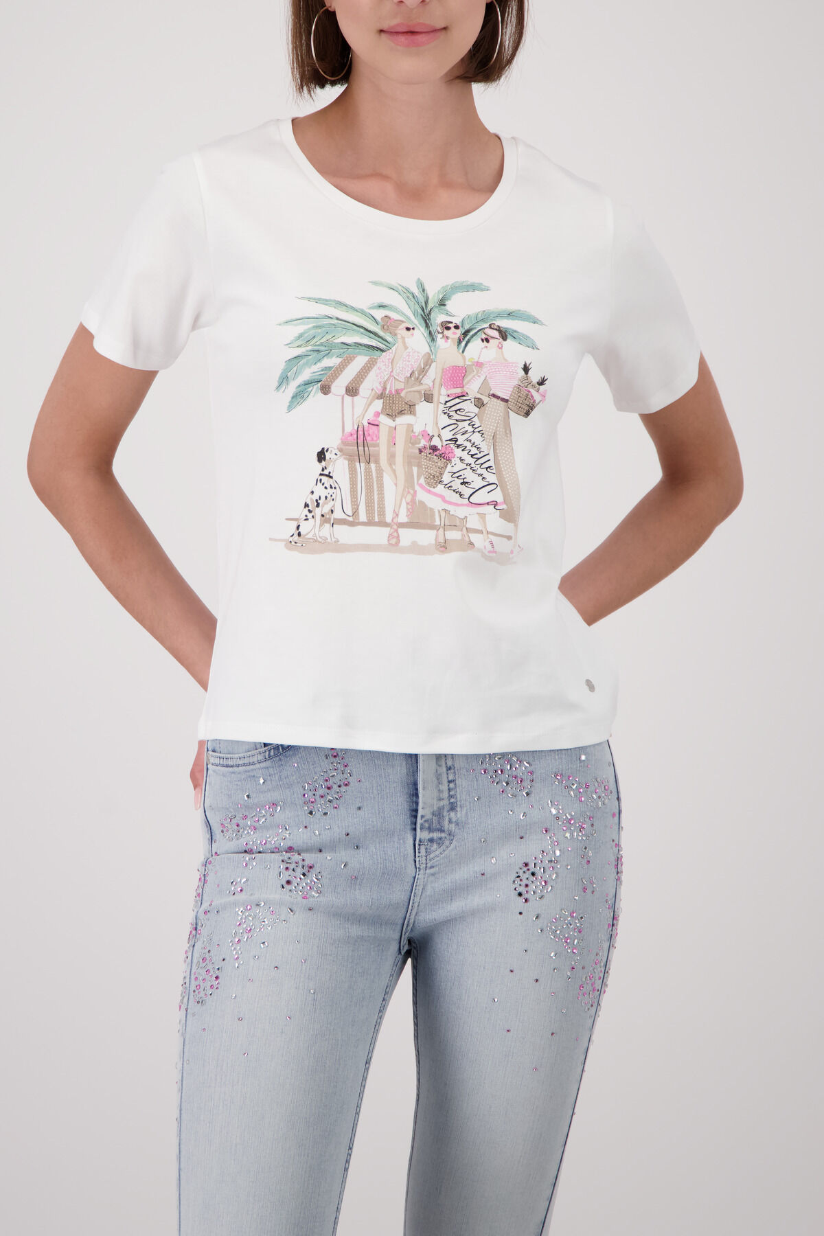 Rundhalsshirt MONARI "Shirt Frauen gezeichnet", Damen, Gr. 46, weiss (ecru gemustert), Web, Obermaterial: 100% Baumwolle, bedruckt, gemustert, mehrfarbig, regular fit taillenbedeckt, Rundhals, eingesetzt abgesteppte Kante, Shirts Rundhalsshirt, mit Frauen