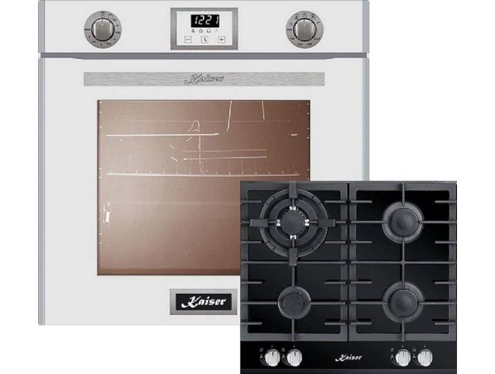 Kaiser Küchengeräte Backofen-Set Herd Set Autark Einbau-Backofen 60 cm in Weiß,Gas Backofen+Gas-Kochfeld 60 cm 4 Brenner 3,8 KW WOK EG 6374 W + KCG 6380.., mit 1-fach-Teleskopauszug