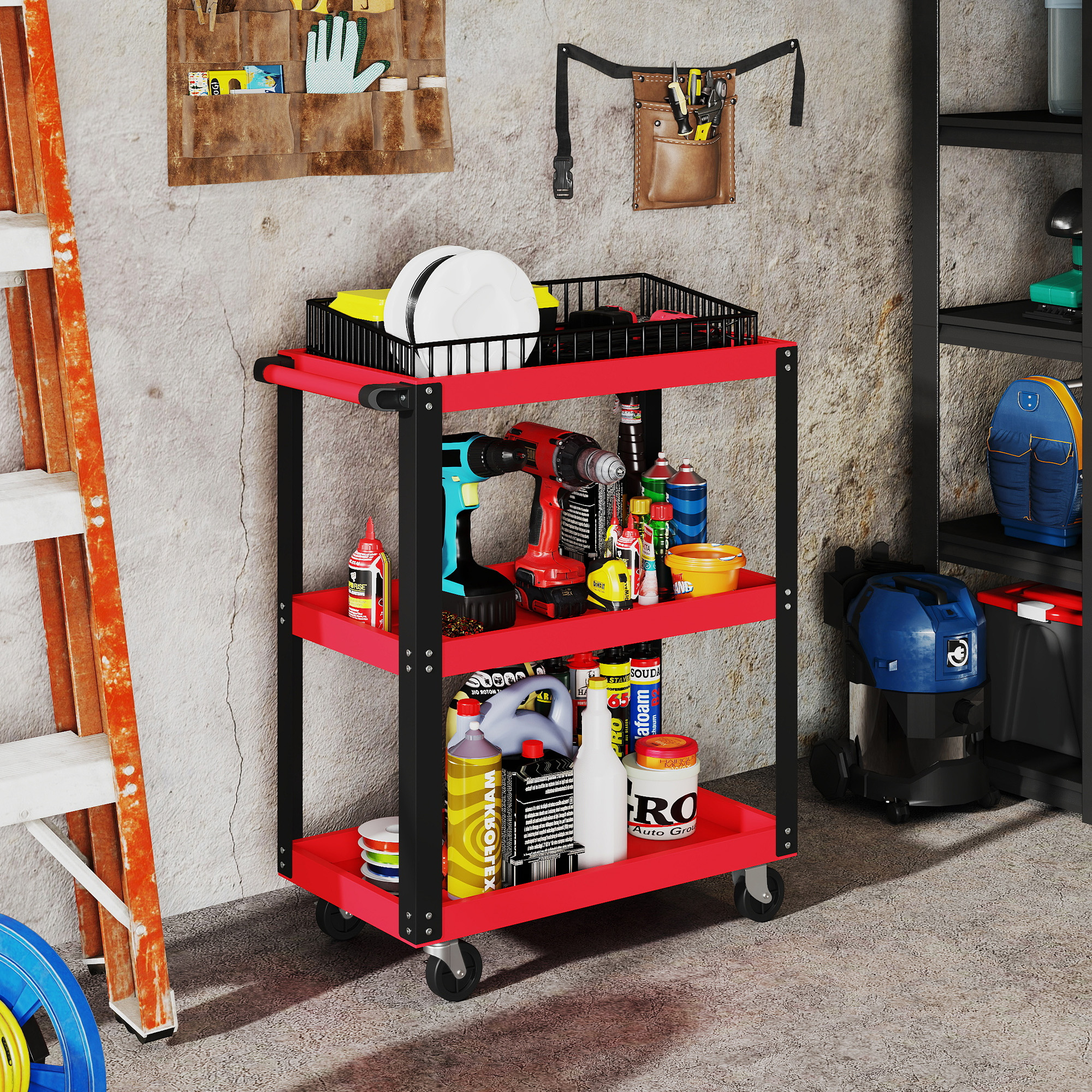 Homcom Carrello Porta Attrezzi a 3 Ripiani in Metallo e PP, 70.5x35x82.5 cm, Rosso e Nero   Aosom Italy