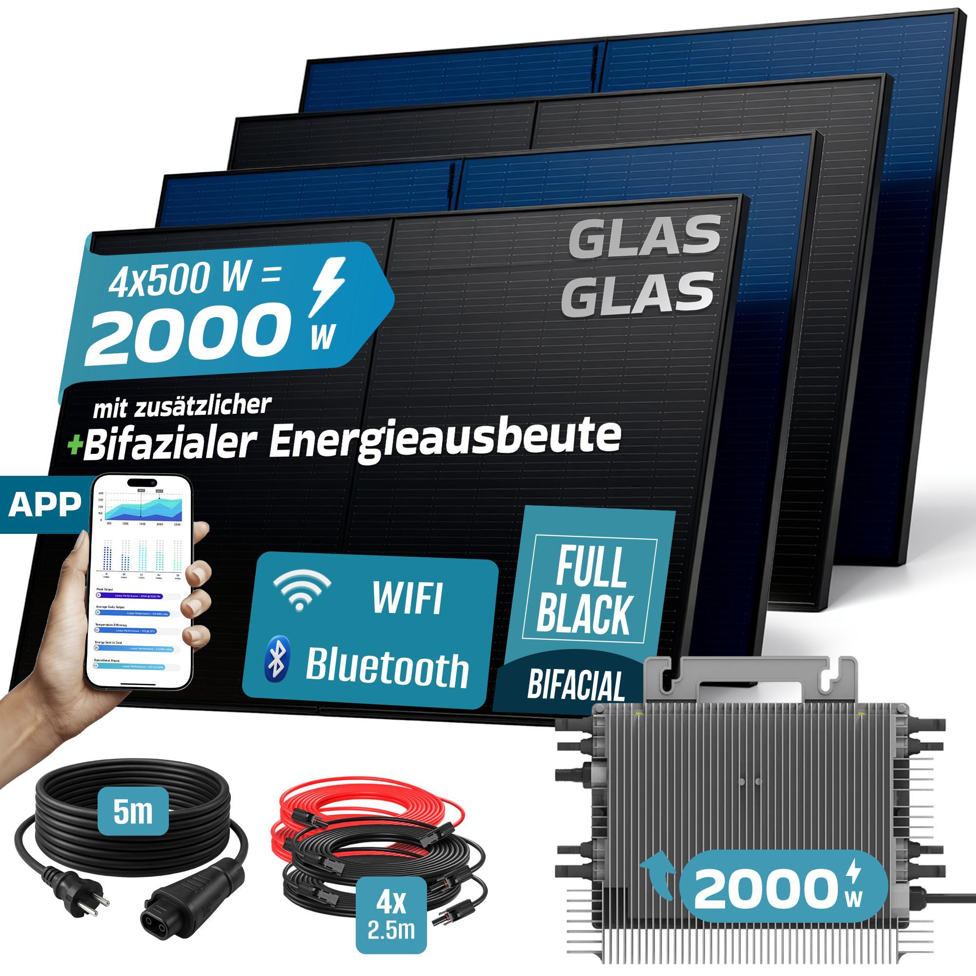 SUNNIVA 2000W Balkonkraftwerk BIFAZIAL FULLBLACK komplett Steckdose DEYE 2000 Watt Wechselrichter, Komplettset 4x 500W PV Solaranlage Solarmodule