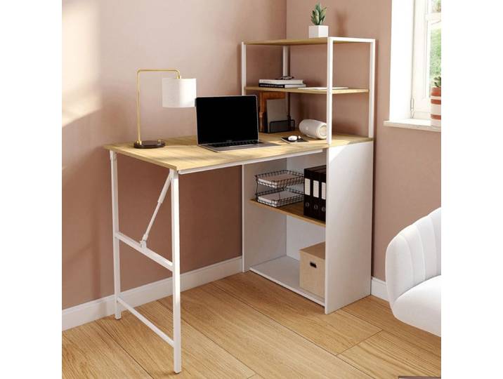 IDMARKET Bureau bibliothèque pliable RAY plateau rabattable bois façon hêtre et blanc