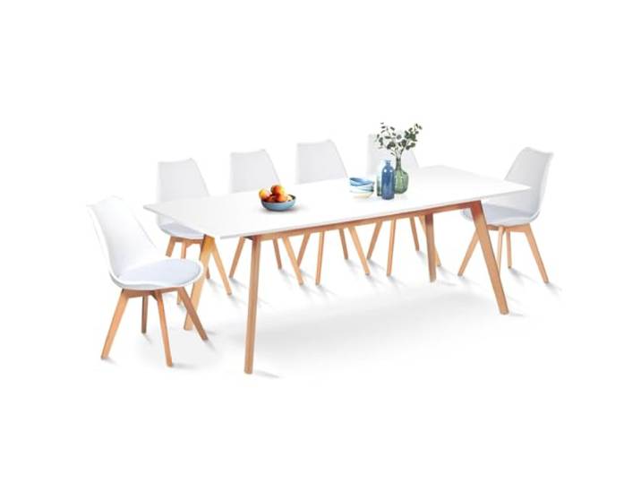 IDMarket - Set ausziehbarer Esstisch INGA 160-200 cm und 6 Stühle SARA weiß skandinavisches Design