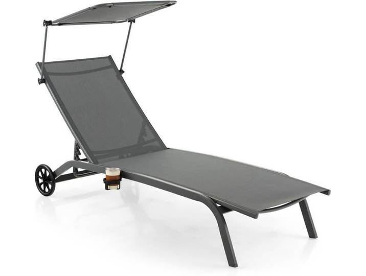 GOPLUS Chaise Longue avec Pare-Soleil Réglable-Bain de Soleil Dossier Réglable à 6 Niveaux avec Roulettes-Charge 150KG Gris