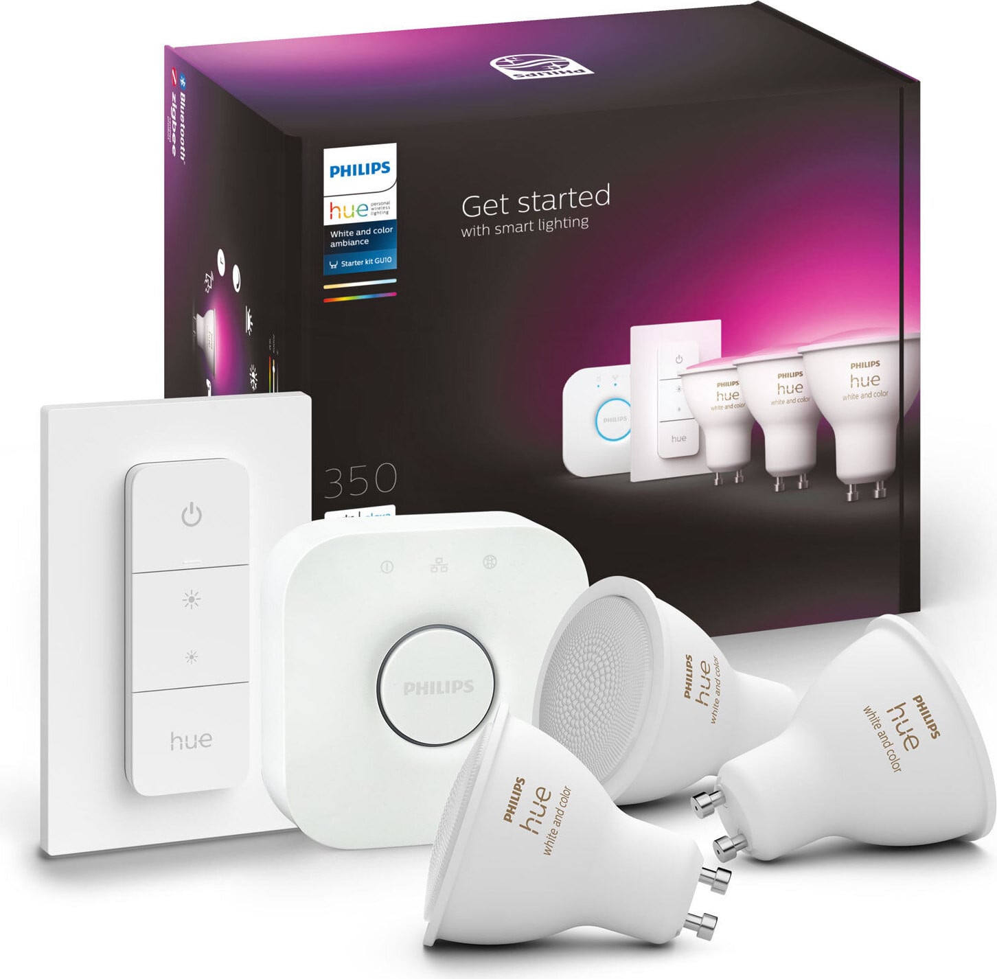 Philips Hue White and Color Ambiance starterset met 3 slimme GU10 LED spots en dimmer schakelaar, Wit