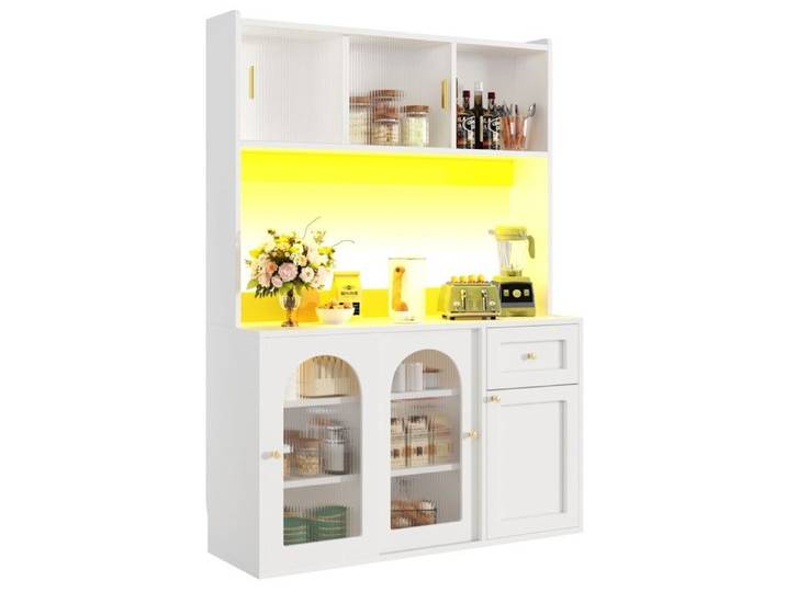Buffet Blanc LED Meuble Haut Vitrine avec Étagères Réglables Éclairage Moderne pour Salle à Manger Rangement Élégant 120x35x167cm