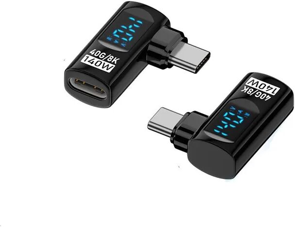 INF 140W USB-C Buchse auf USB-C Stecker Adapter mit Digitalanzeige, Schwarz, Seitlich Gebogen (2er-Pack)