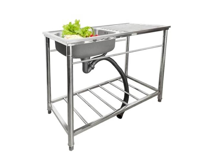 ZQFHSX Freistehendes Edelstahl-Spülbecken für Waschküche, Garten, Terrasse, Küche, mit Warm- und Kaltwasserhahn, Halterung, einfache, tragbare Handwaschstation/Reinigungstisch