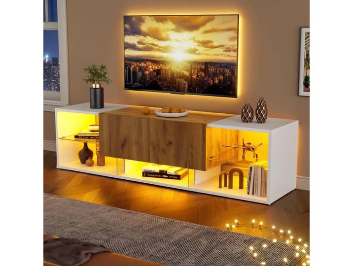 Meuble TV Blanc/Bois 160x40x42-3 Étagères-Plateau Verre-2Tiroirs-Support 70 -Salon Moderne-Rangement-Élégant-Fonctionnel