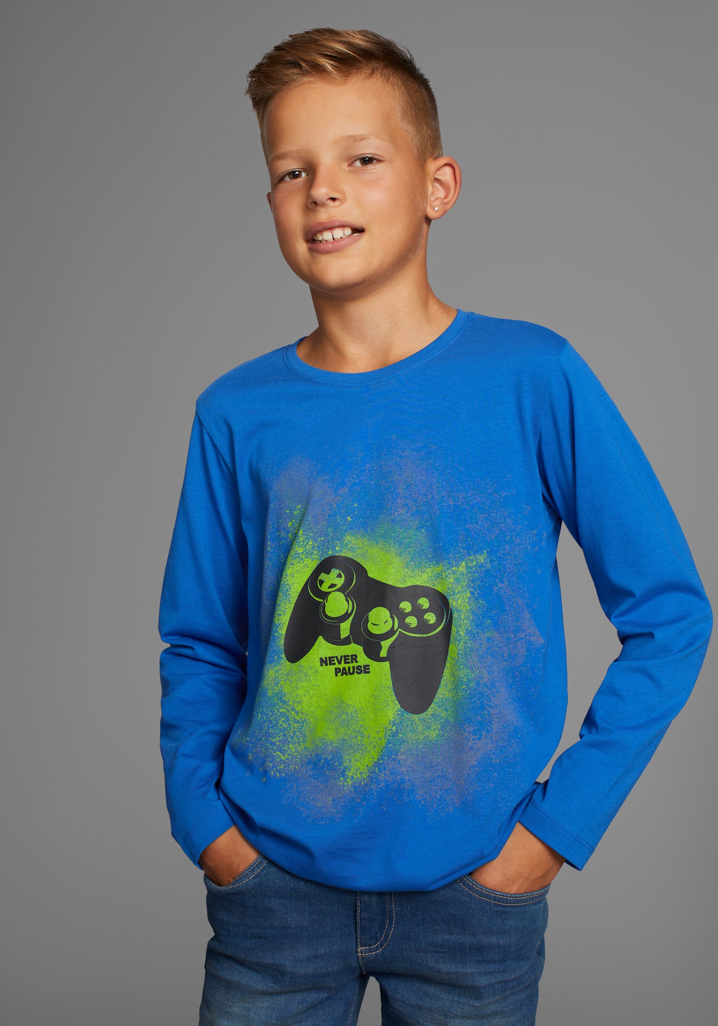 Langarmshirt KIDSWORLD "GAMER", Jungen, Gr. 176/182, blau (royalblau), Jersey, Obermaterial: 100% Baumwolle, bedruckt, Basic, Basic, Rundhals, Shirts Langarmshirt, Gamer-Shirt Langarm, Basic-Passform, mit trendigem Aufdruck royalblau 176/182