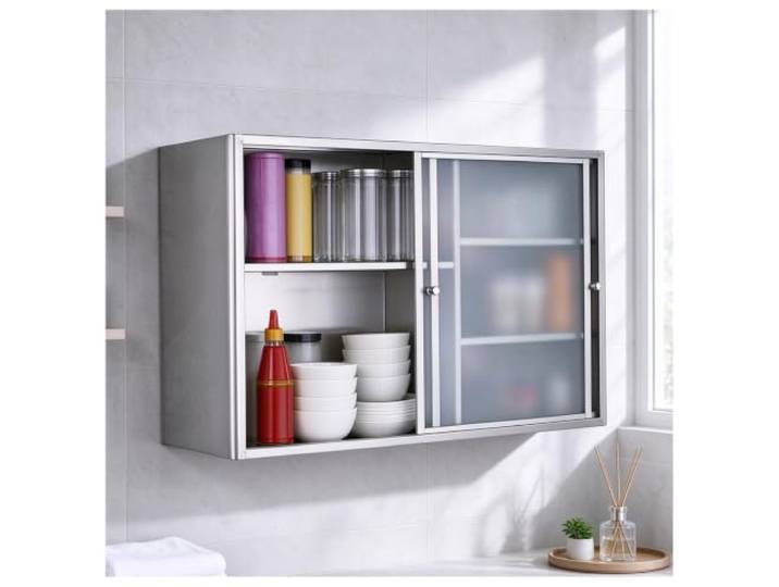 Wand Schrank Edelstahl mit Schiebetüren aus mattiertem für die Küche Wandschrank mit Schiebetüren aus strukturiertem Milchglas herausnehmbaren und verstellbaren Einlegeböden(L27.6xW11.8xH23.6in)