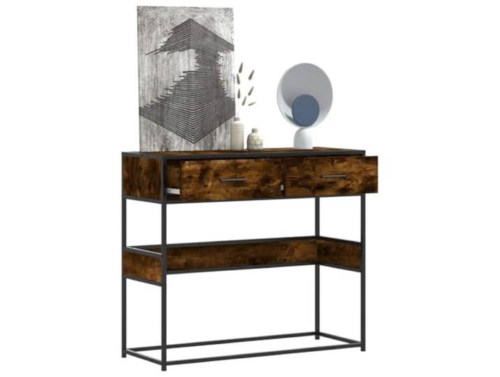 HEFZGDB Konsolentisch Räuchereiche 90x35x80 cm Holzwerkstoff mit Metallgestell, Schubladen und Ablagen für Stauraum, Stabiler Flurtisch für Wohnzimmer, Schlafzimmer und Flure,