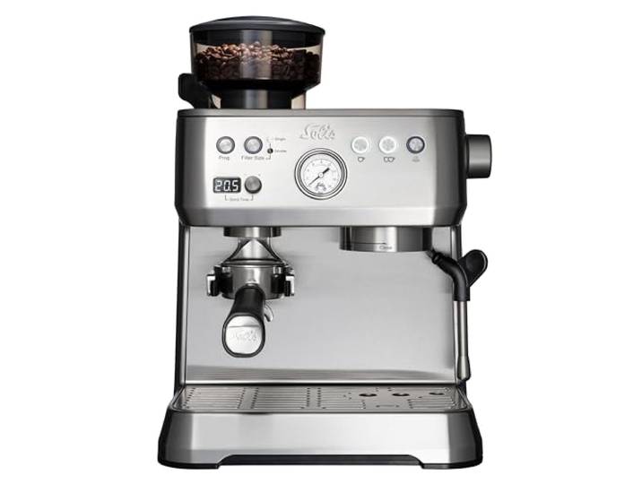 Solis Grind & Infuse Perfetta 1019 Siebträgermaschine - Kaffeemaschine mit Mahlwerk - Integrierte Zero Static Kaffeemühle - Espressomaschine mit Dampf- und Heißwasserfunktion - Edelstahl