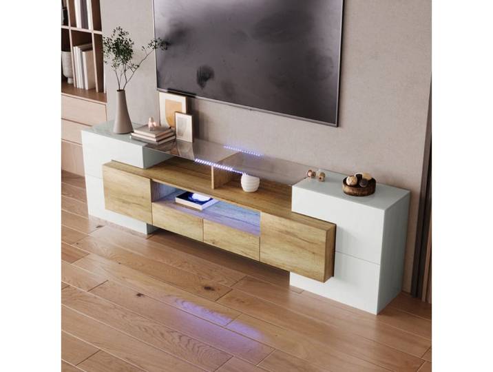 VUENOR meuble TV 200 x 35 x 60 cm blanc brillant et décor bois avec LED multicolore