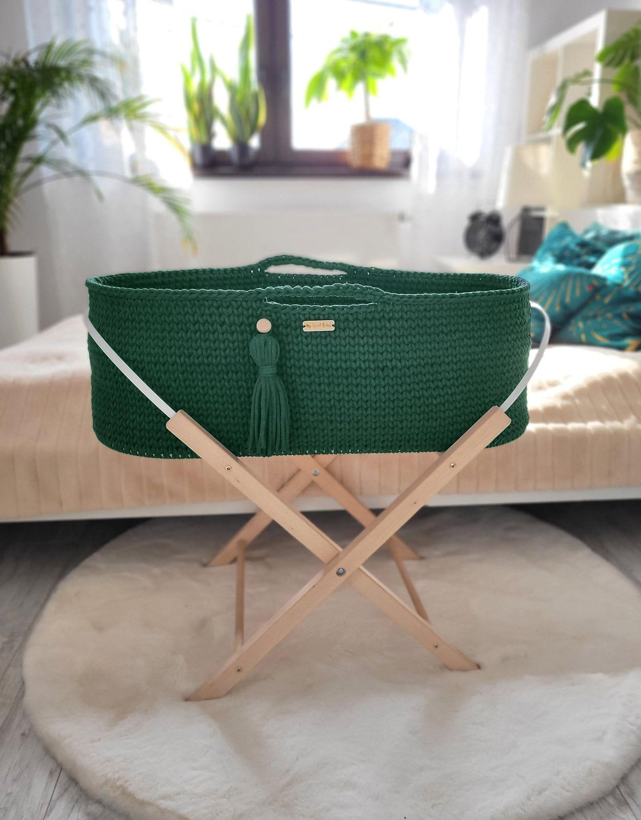 My Sweet Baby Handgemaakte boho-stijl wieg met matras - Flessengroen
