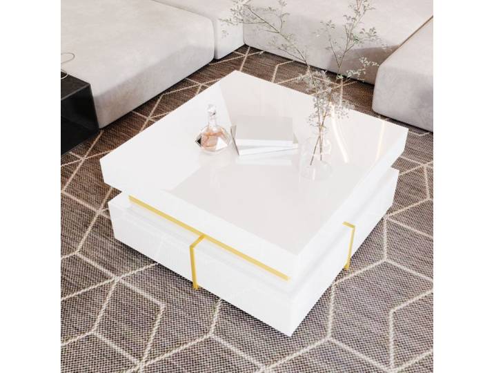 Table basse - 70x70 cm - Finition brillante - Détails dorés - 2 tiroirs de rangement