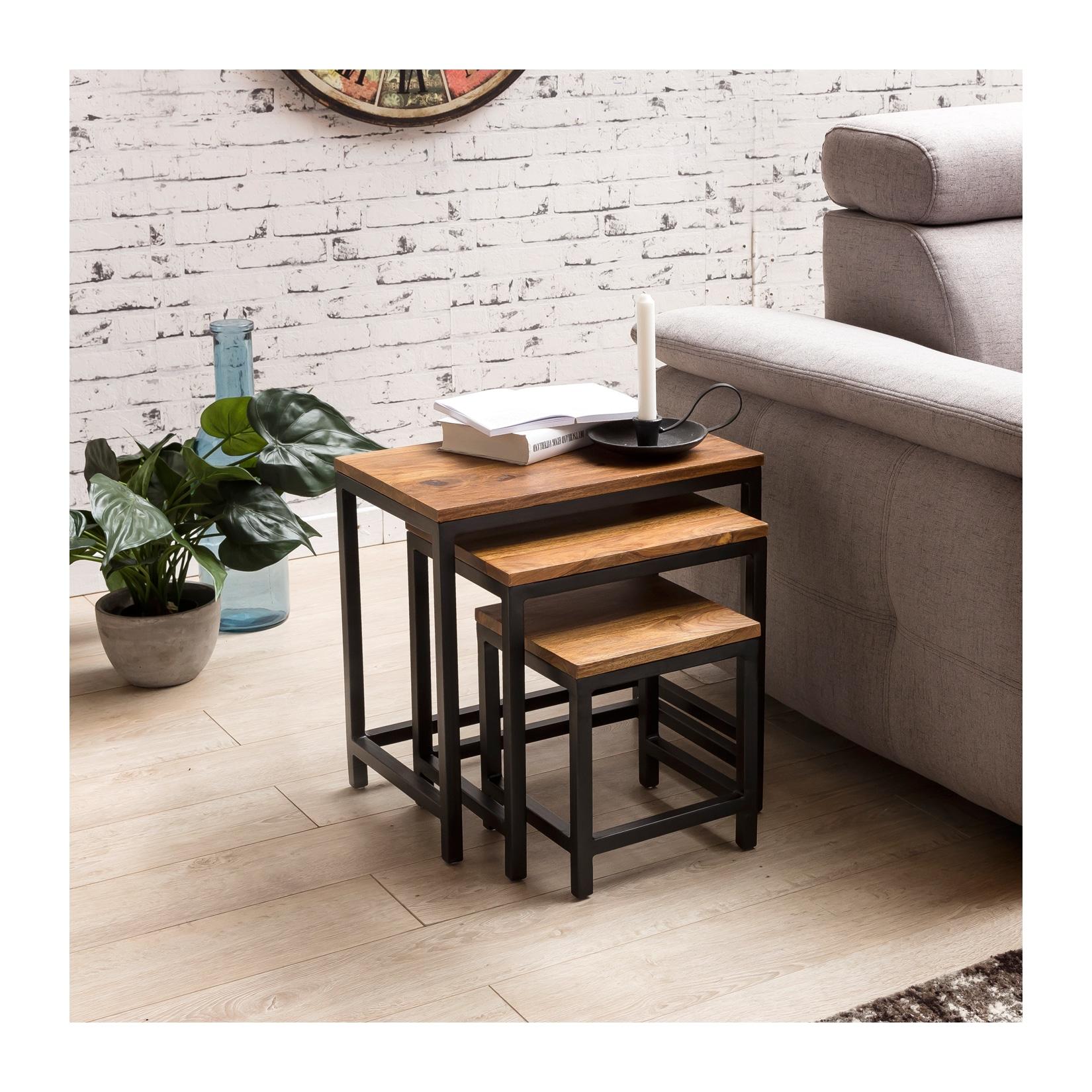 3er Set Beistelltisch Sheesham Satztisch Massivholz Couchtisch Metallbeine