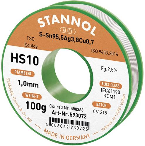 Stannol HS10 2510 Lötzinn, bleifrei Spule Sn95,5Ag3,8Cu0,7 ROM1 100g 1mm