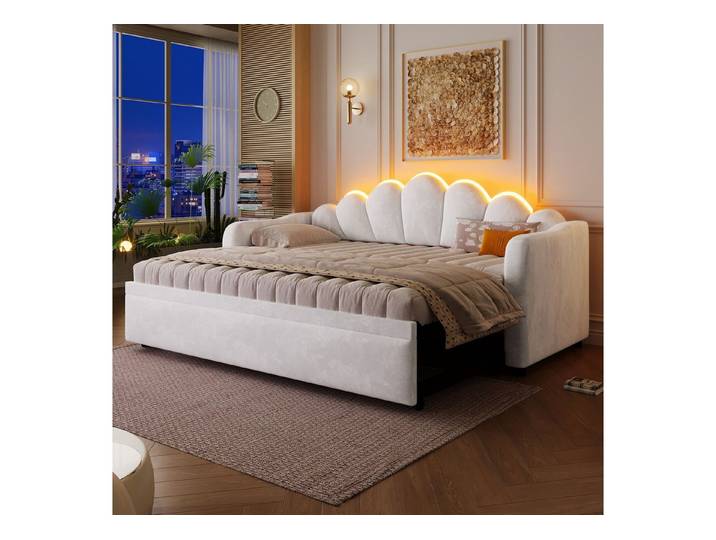Odikalo Schlafsofa Schlafcouch mit Ausziehbett & LED, Polster-Tagesbett, Ausziehfunktion flach oder aufgestellt