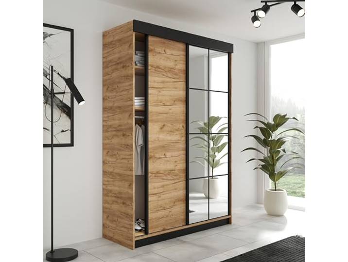 KIER FURNITURE Schiebegarderobe LAMARO mit Spiegel - Schrank Schlafzimmer - Schlafzimmerschrank - Wardrobe Bedroom - Kleiderschränke - Kleiderschrank Eiche Craft Gold - 138x205x59