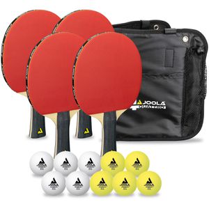 Joola Tischtennisschläger Quattro, 15-teiliges Set, aus Holz, rot/schwarz, 4 Schläger, 10 Bälle & Transporttasche