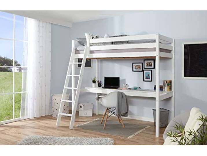 TiCAA Hochbett „Felix“ mit Schreibtisch Kiefer massiv Weiß