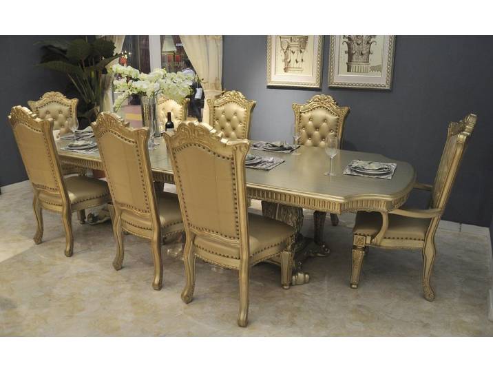 JVmoebel Esszimmer-Set Esszimmer Set im Barock Stil mit goldenen Akzenten und Lederstühlen, (Esszimmer-Set, Küchen-Set), Made in Europa