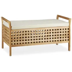 Relaxdays Sitzbank mit Stauraum, HxBxT:46,5x92,6x49cm, Holz, Sitzkommode mit Leinenauflage, natur/weiß