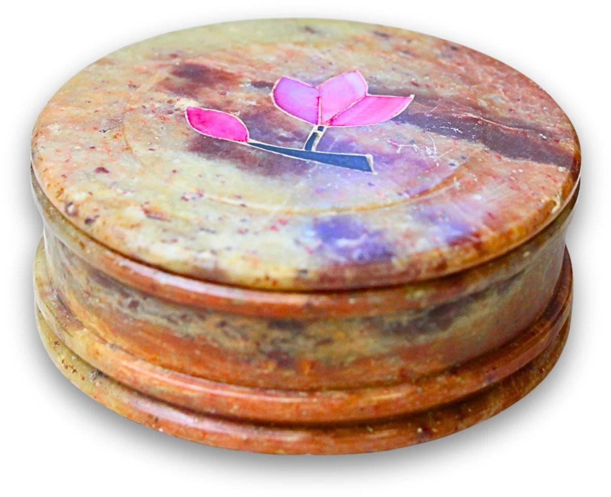 Rond speksteen doosje met bloemdecoratie, diameter: 8 cm