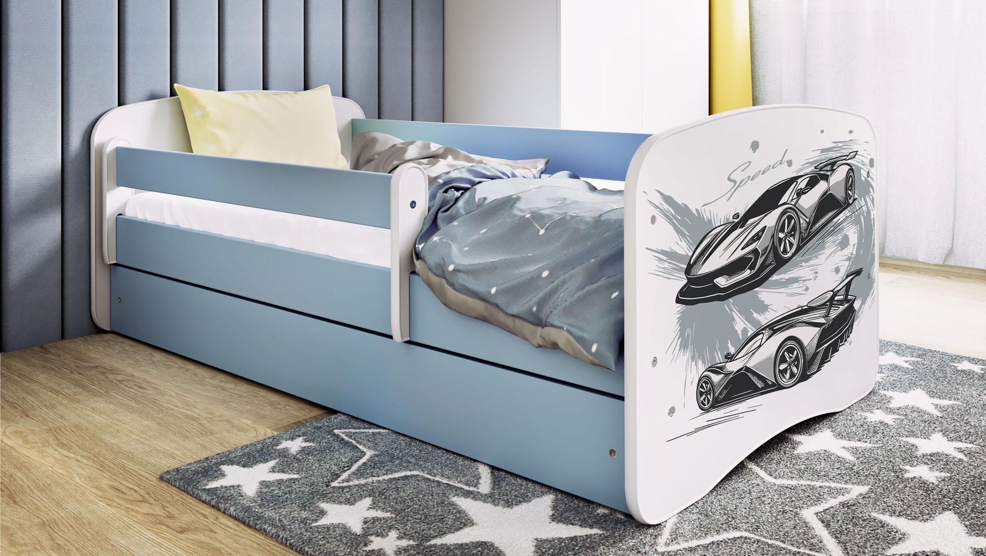 Kinderbett Blau 70x140 80x160 80x180 cm - mit Matratze, Rausfallschutz und Schublade - Jugendbett für Jungen - Stabil und Sicher - Auto - 160x80 cm