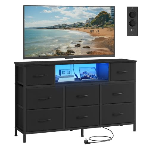 SONGMICS TV-meubel met 8 lades, dressoir met geïntegreerde LED-verlichting en stopcontacten