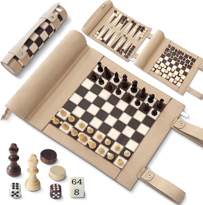 Magnetic Chess Checkers Backgammon Set, 3 in 1 Magnetic Chess Game for Adult, Roll Up Portable Suede Board Game for Outdoor, Travel Backgammon Strategy Game Set for 2 Players, Beige