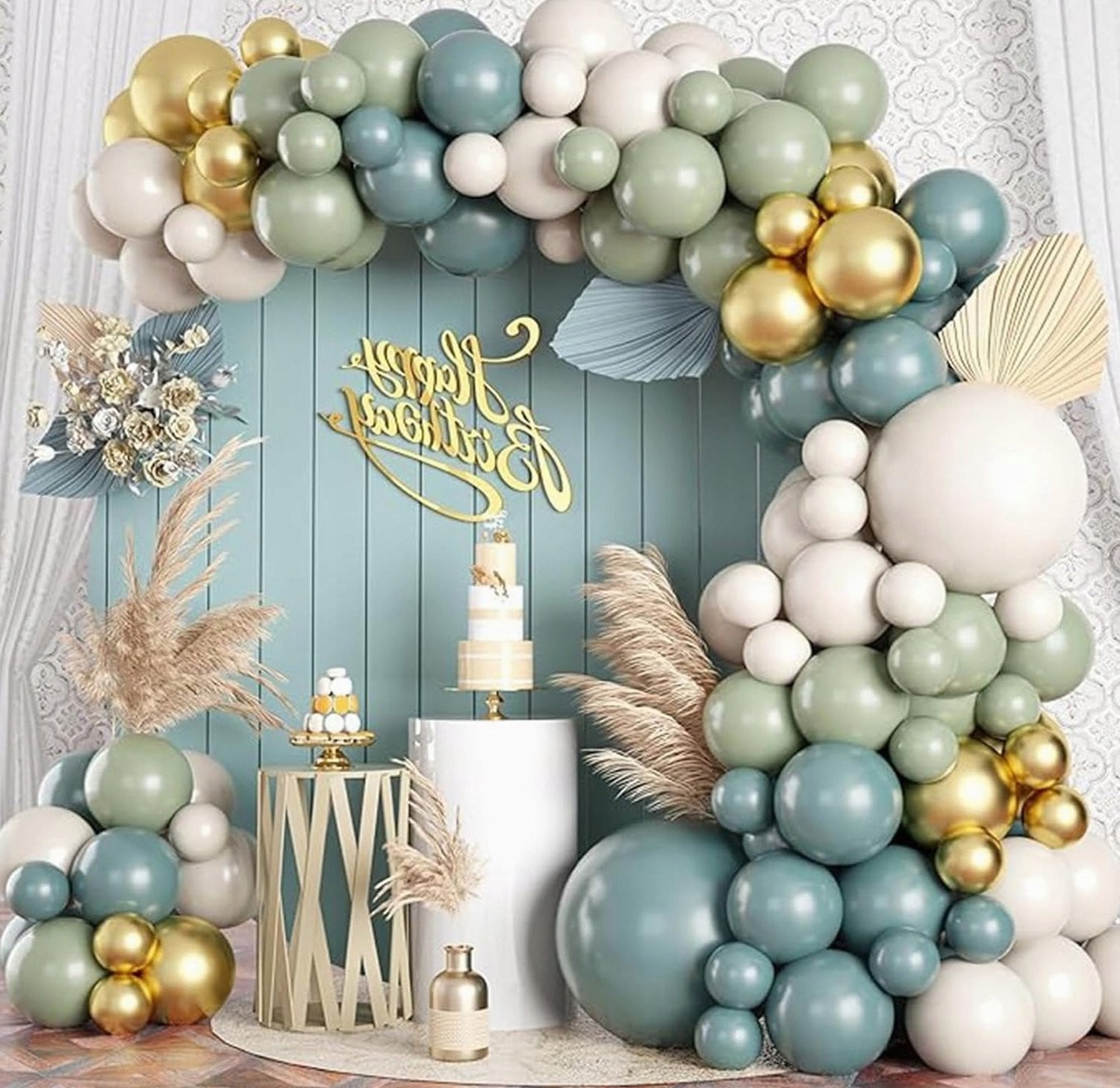 99-delige Ballonnen Set met Kleefstof voor Feestdecoratie - Groen, Goud, Blauw en Wit