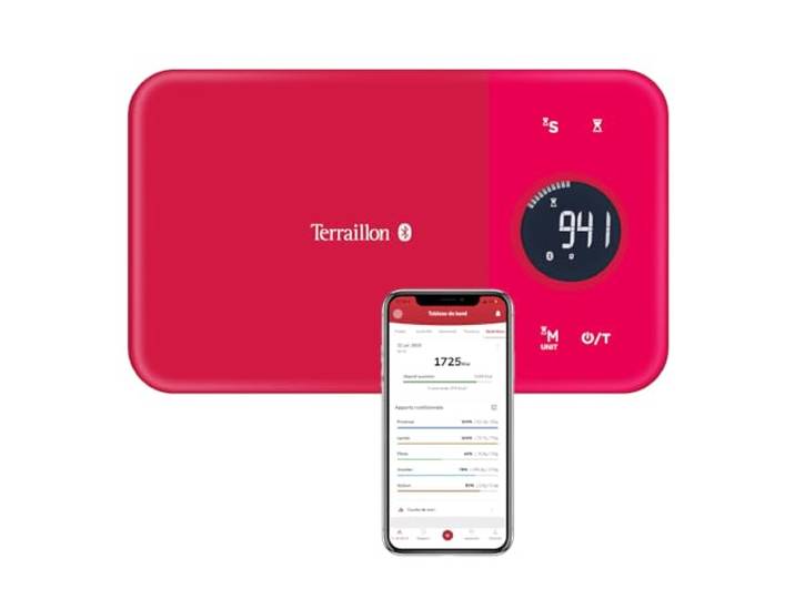 TERRAILLON Balance de cuisine Connectée\, Apports Nutritionnels NUTRITAB Connecté en Bluetooth\, Application MyHealth\, Plateau verre\, Capacité 5 kg\, Graduation 1 g\, Scan des code-barres alimentation
