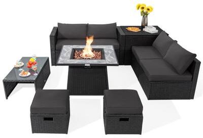 Costway 9 Pieces Outdoor Wicker Sectional with 35 Inch Gas Fire Pit Table-Gray