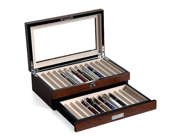 Bonaking Stift-Vitrine mit 24 Fächern, Füllfederhalter-Vitrine, Holzstift-Aufbewahrung, Organizer, Stift-Display-Box für Männer, Geschenk, Stifteetui mit Glasfenster (braunes Eschenfurnier,