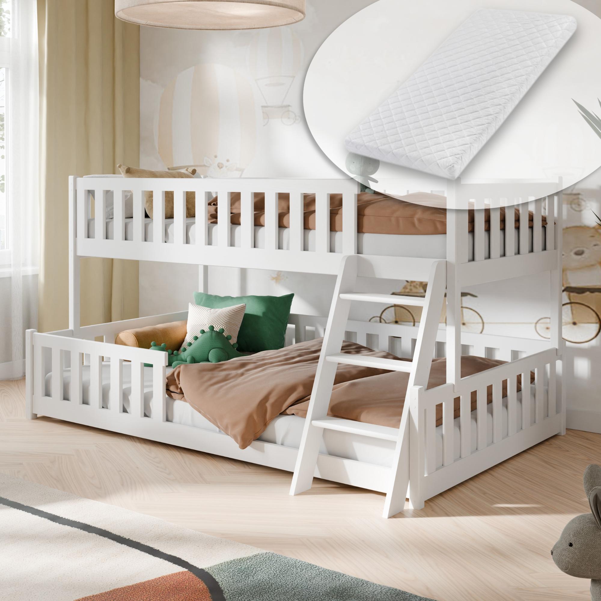 Kids Collective Etagenbett 90x200 / 120x200 Kinderbett Jugendbett Stockbett Hochbett mit Leiter, Rausfallschutz Lattenrosten und 2 Matratzen, Kinder Bett von 4. bis 16. Lebensjahr Weiß