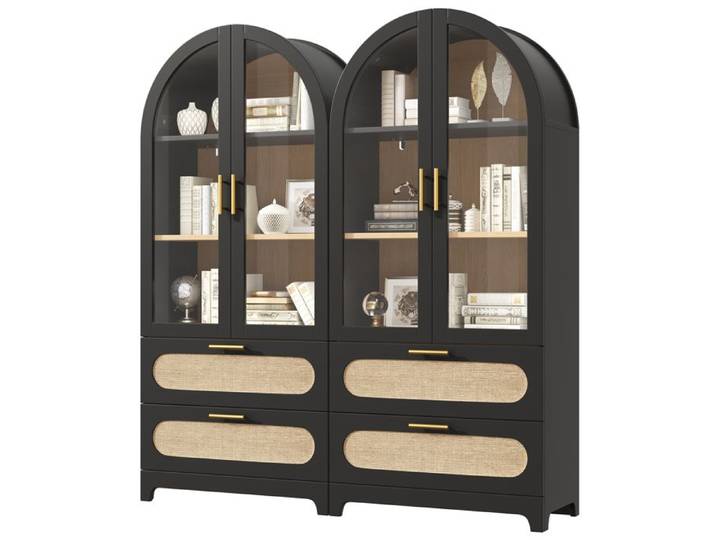 2 vitrines 175 x 80 x 40 cm noires 2 portes vitrées 2 tiroirs rotin style rétro (lot de 2)