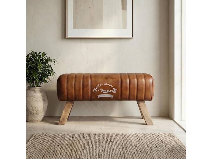 Banc en bois et cuir naturel - Navona