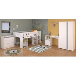 KINDERZIMMER Set 4-teilig, Hochbett 90x200 Kommode Schreibtisch und Kleiderschrank